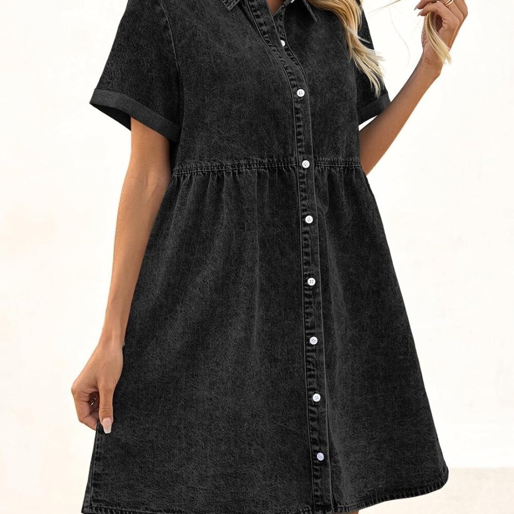 Women's Denim Dress Cotton Short Sleeve Casual Tiered Babydoll - Picture 5 of 5